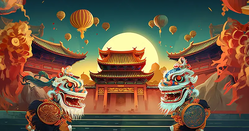中秋国庆北京建筑前舞龙舞狮子欢庆国潮插画