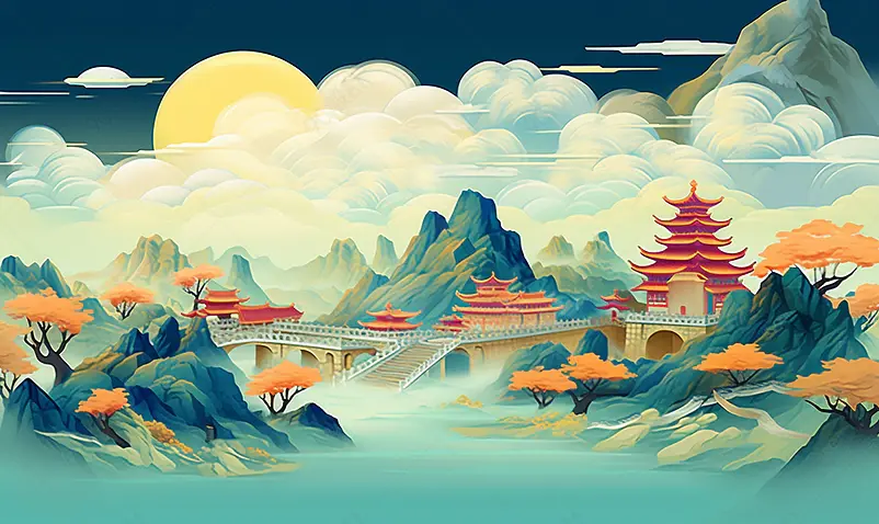 中国古代建筑青山祥云桃花国潮插画