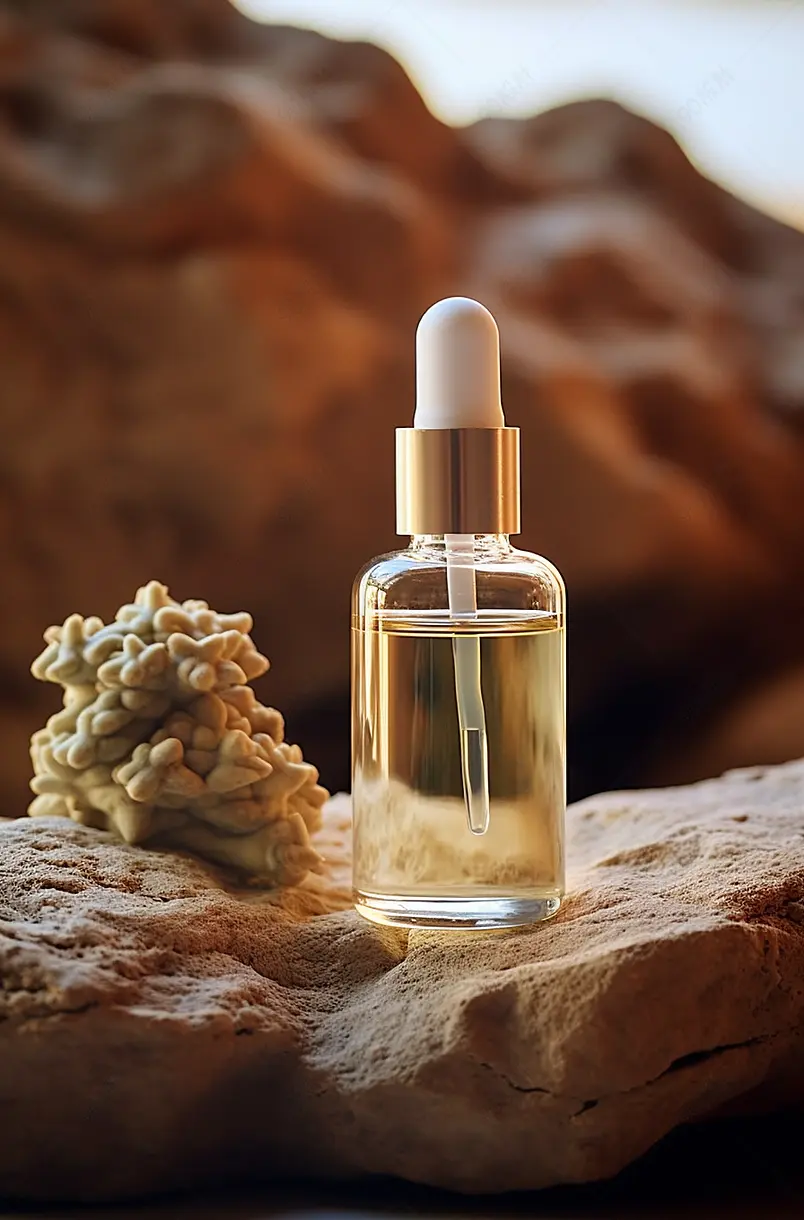 玻璃瓶与脸部血清放置在石头与粗糙的石头和树皮米色背景。有机和天然化妆品的概念。前视图