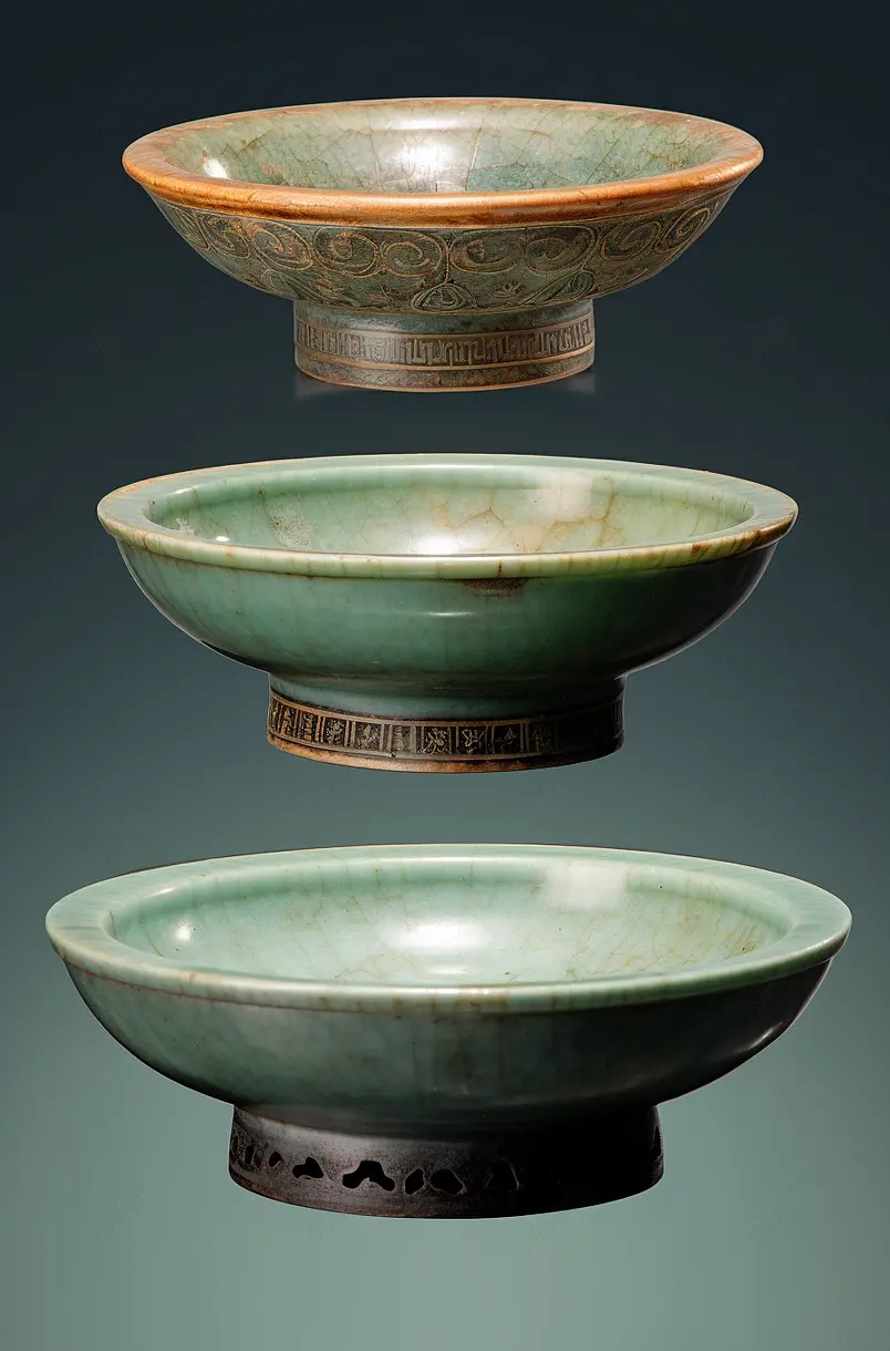 中国北宋时期汝窑产瓷器，盏托，盘子和瓷洗