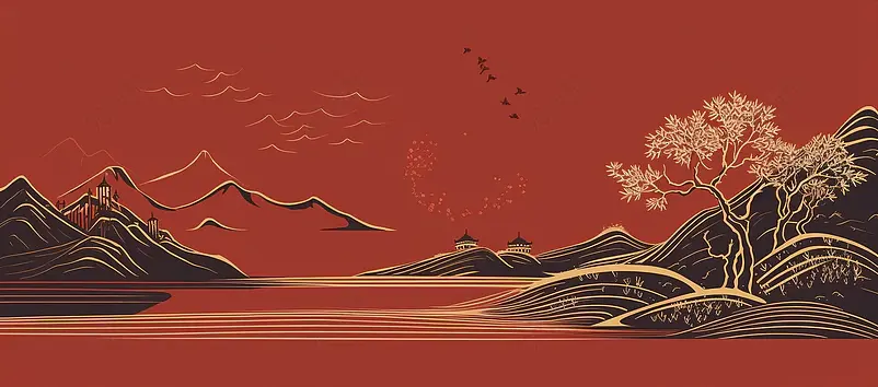 红金中国风国潮风松树山水插画，中国传统文化喜庆，新年春节金融汽车行业房地产高端庆典宣传