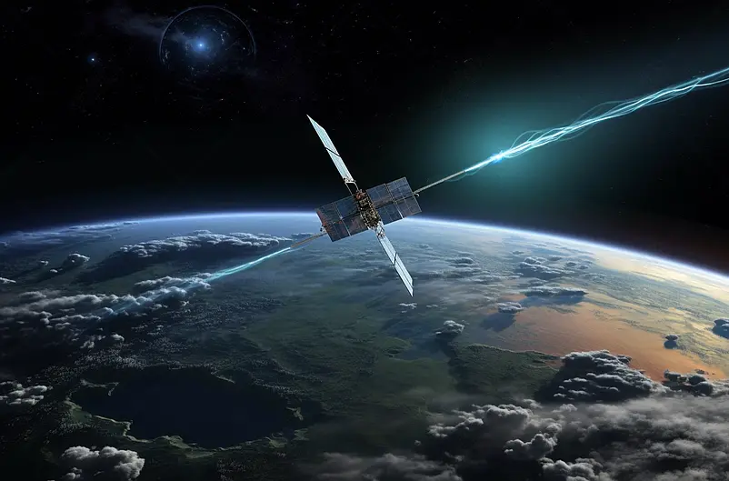 卫星向地球上的目标发射能量武器的合成图像