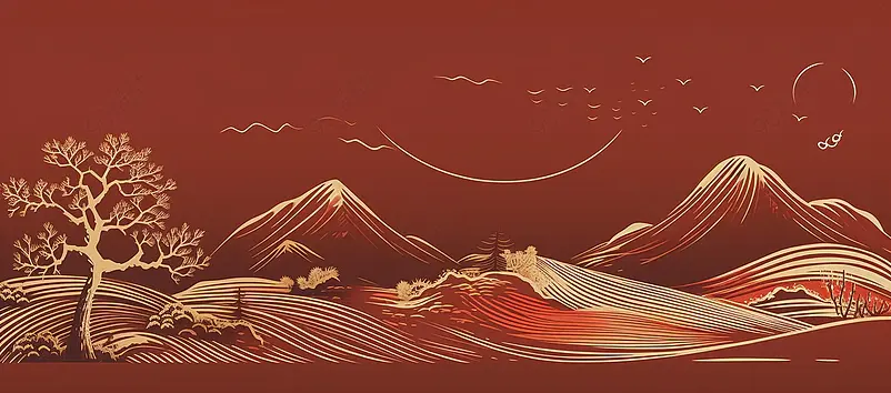 红金中国风国潮风松树山水插画，中国传统文化喜庆，新年春节金融汽车行业房地产高端庆典宣传
