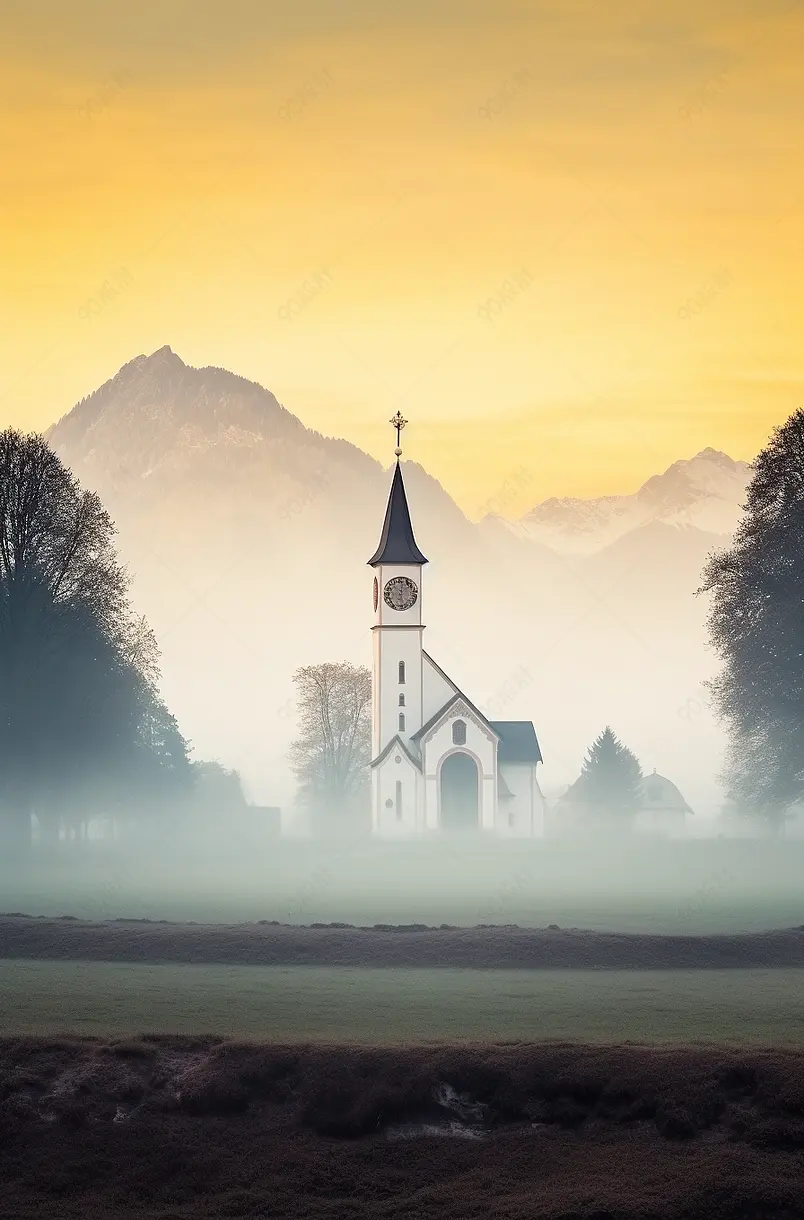 德国巴伐利亚州霍亨施万高的圣科伦曼教堂，秋天的雾