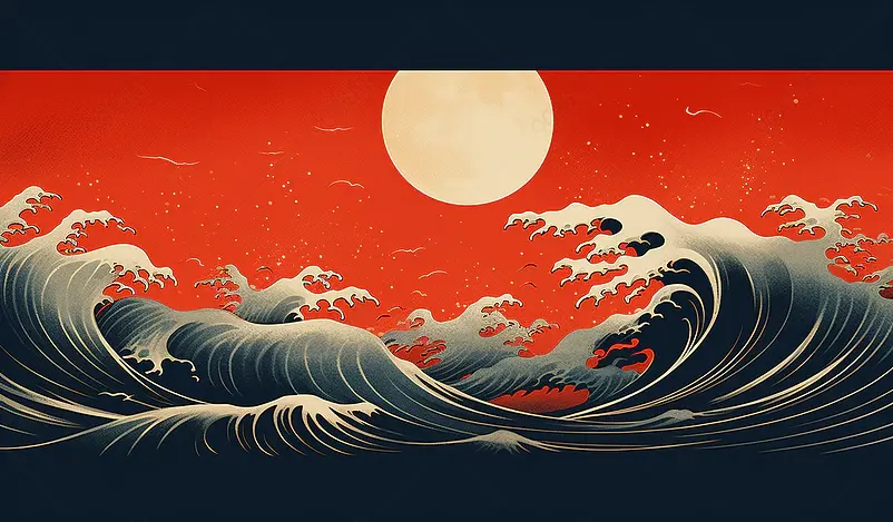 海上生明月,水波纹国风浮世绘插画