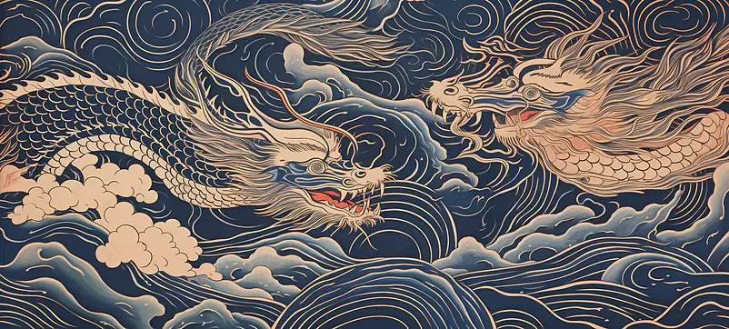 中国风蓝金千里江山龙传承传统文化凤荷花插画，龙年，新年春节龙抬头金融汽车行业房地产高端龙山水庆典宣传