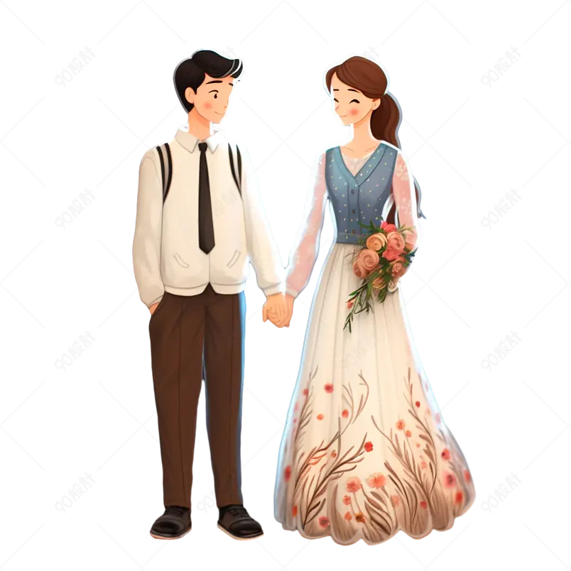 唯美男女婚纱牵手手绘情侣人物插画