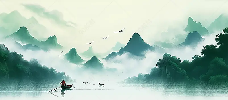 蓝绿色山水画印章