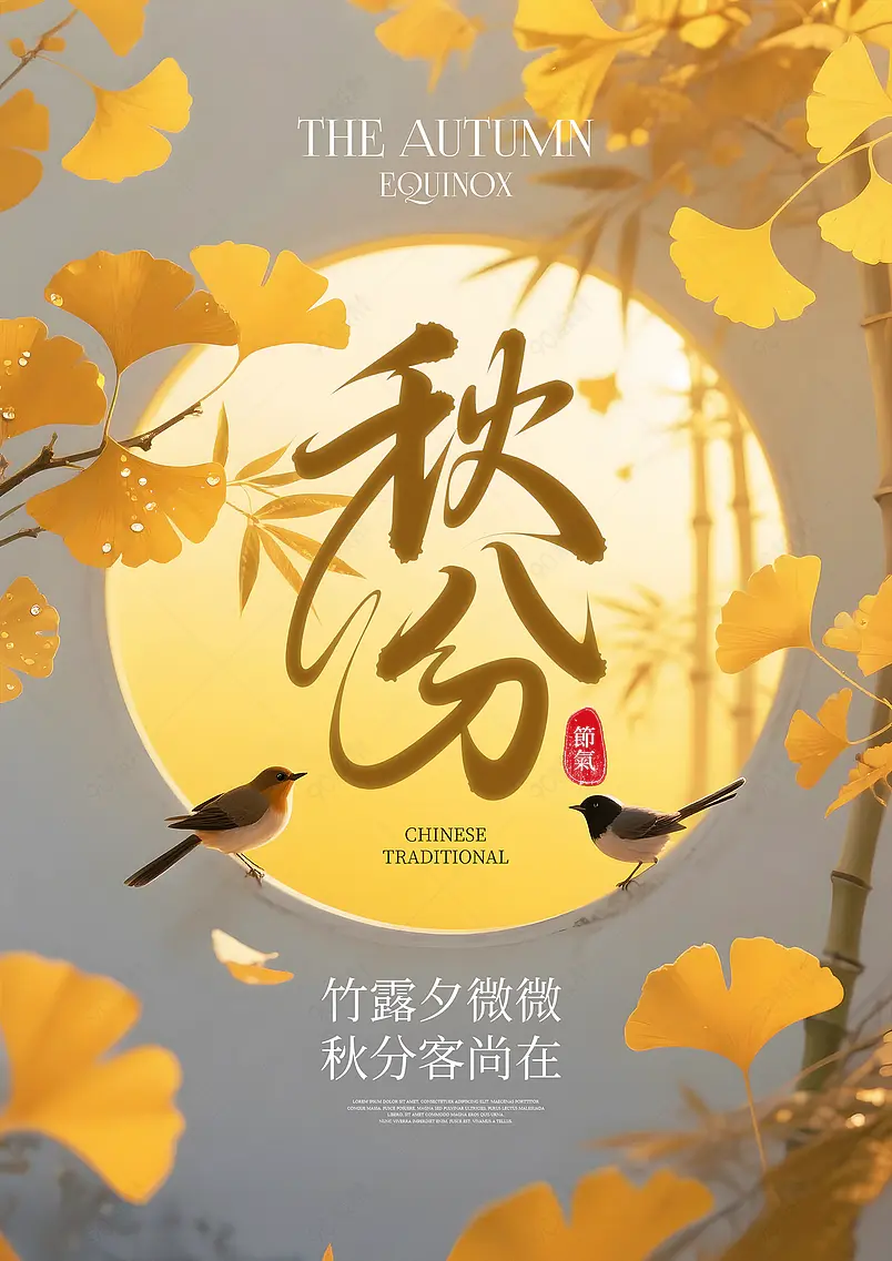 落叶银杏叶传统二十四节气秋分海报