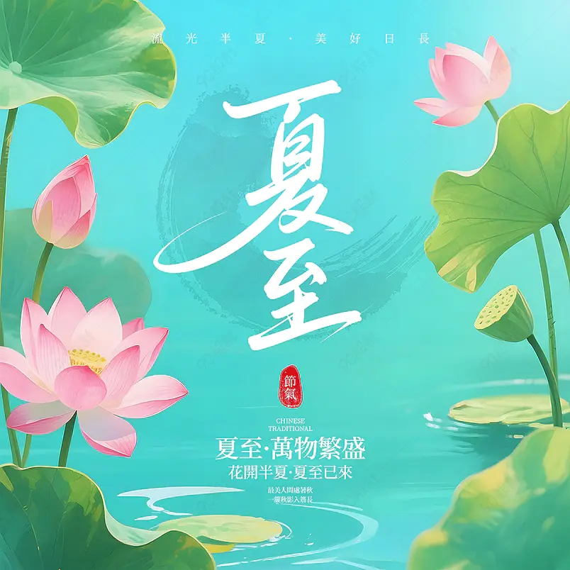 卡通水彩绘画荷花荷叶传统二十四节气夏至社交媒体广告