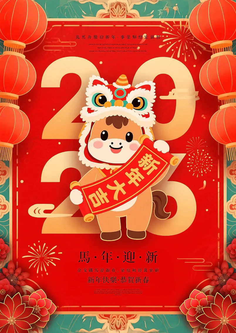灯笼花卉烟花醒狮骏马2026农历马年新年春节节日祝福海报