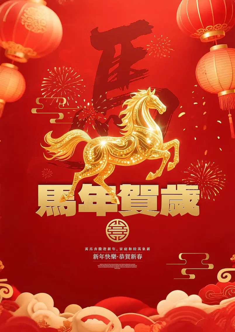 灯笼金色骏马烟花祥云波浪2026农历新年马年春节节日祝福海报