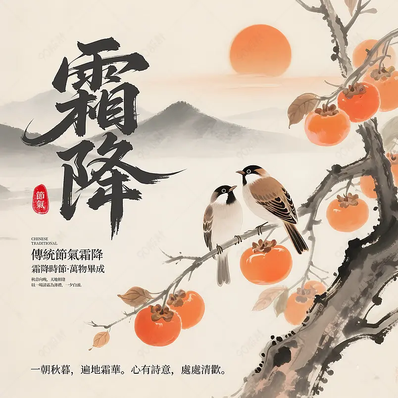 水墨山脉麻雀柿子传统二十四节气霜降社交媒体广告