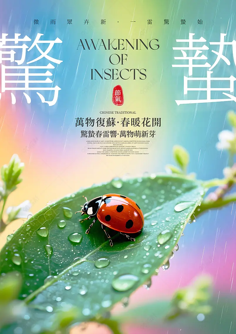 植物叶子瓢虫水滴传统二十四节气惊蛰海报