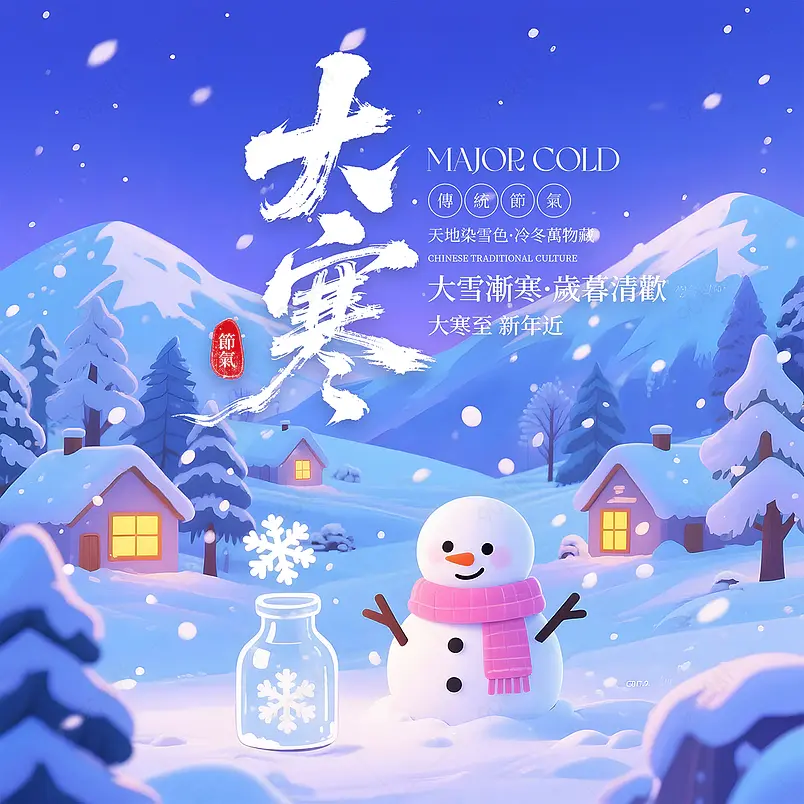 卡通插画山脉雪人传统二十四节气大寒社交媒体广告