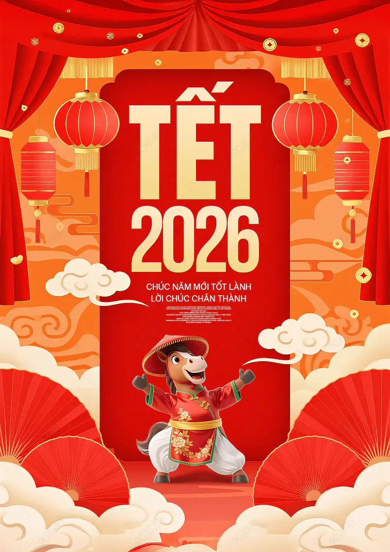 红色幕布祥云灯笼边框2026农历马年越南新年春节节日海报