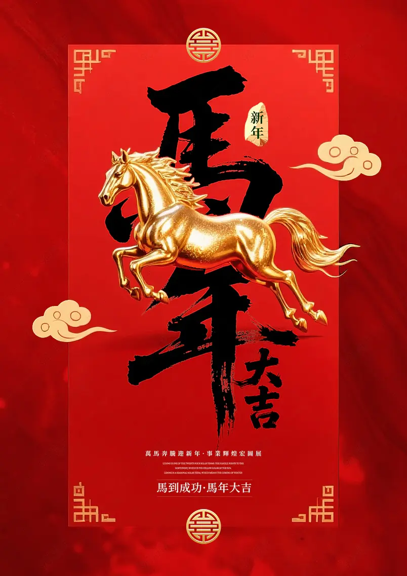 红色边框金色骏马祥云2026农历马年祝福新年春节海报
