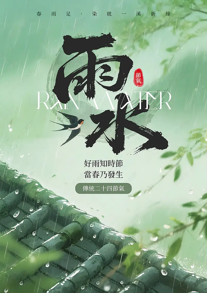 落叶屋檐雨天传统二十四节气雨水海报
