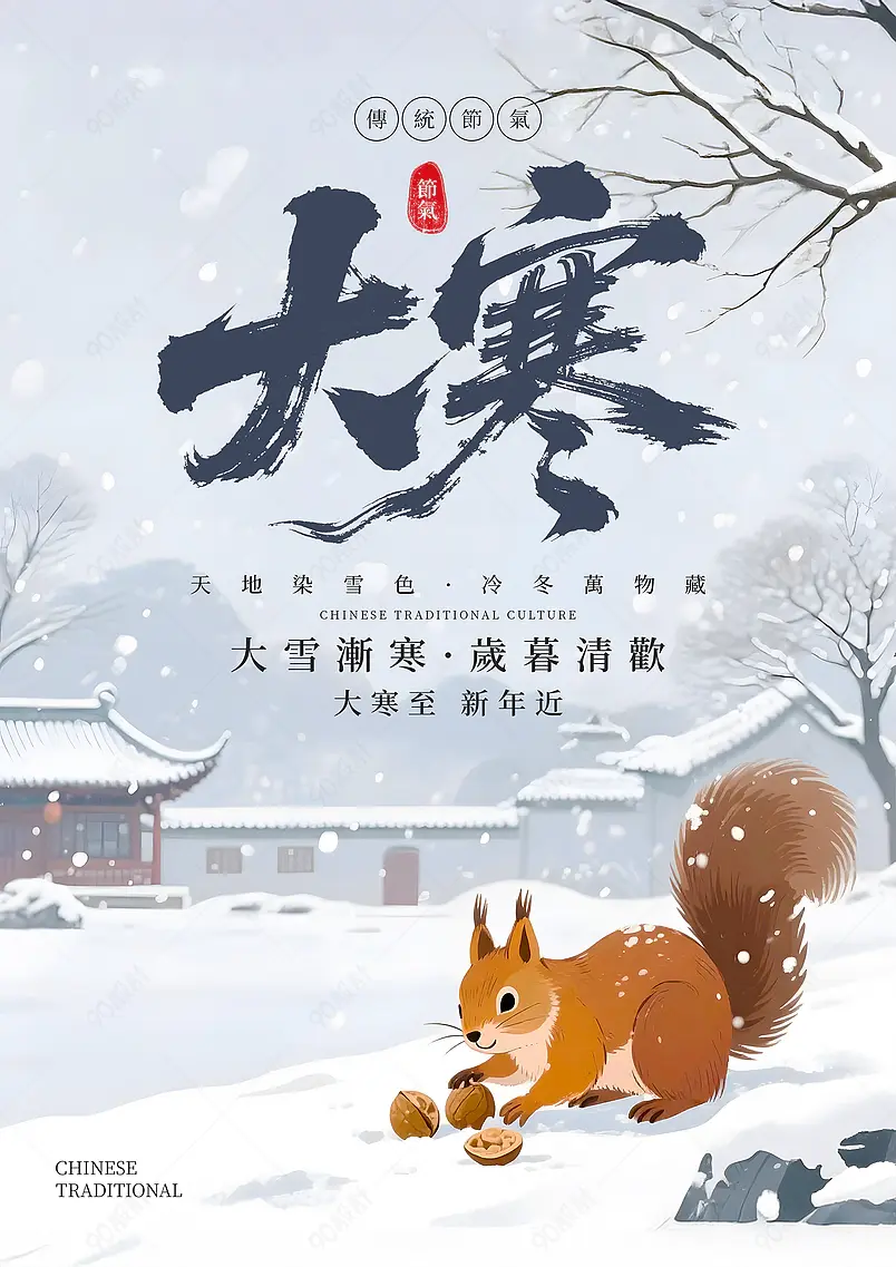 卡通插画雪地松鼠传统二十四节气大寒海报