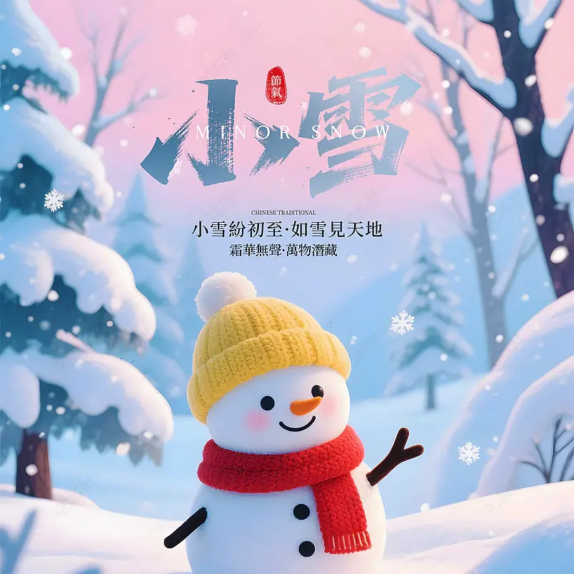 卡通3d雪人森林传统二十四节气小学社交媒体广告