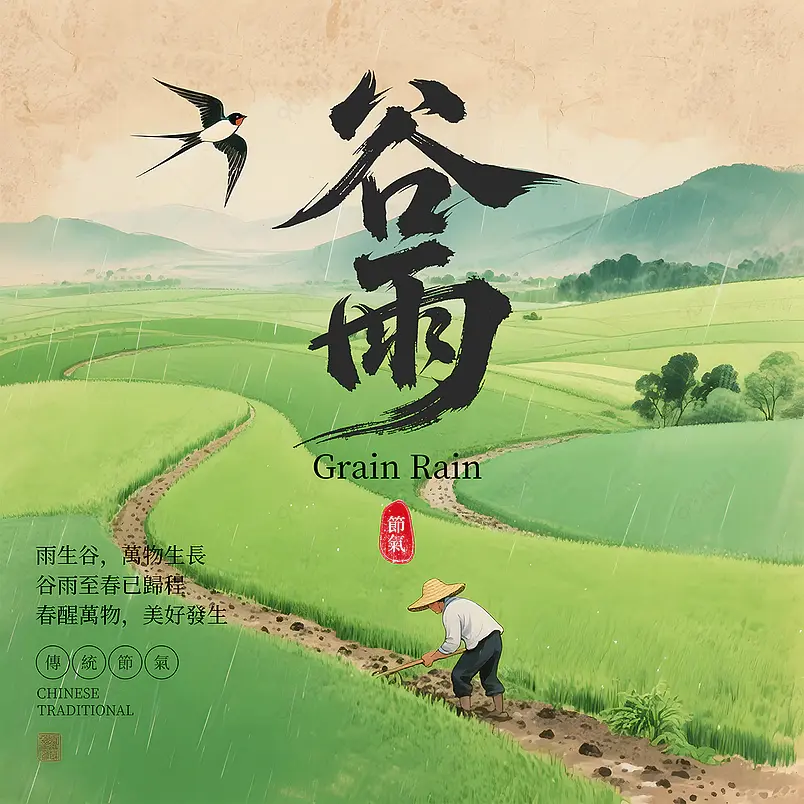 卡通插画农田燕子传统二十四节气谷雨社交媒体广告