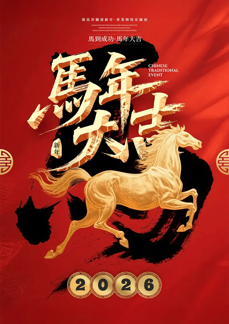 金色骏马马年大吉2026农历马年新年春节节日祝福海报