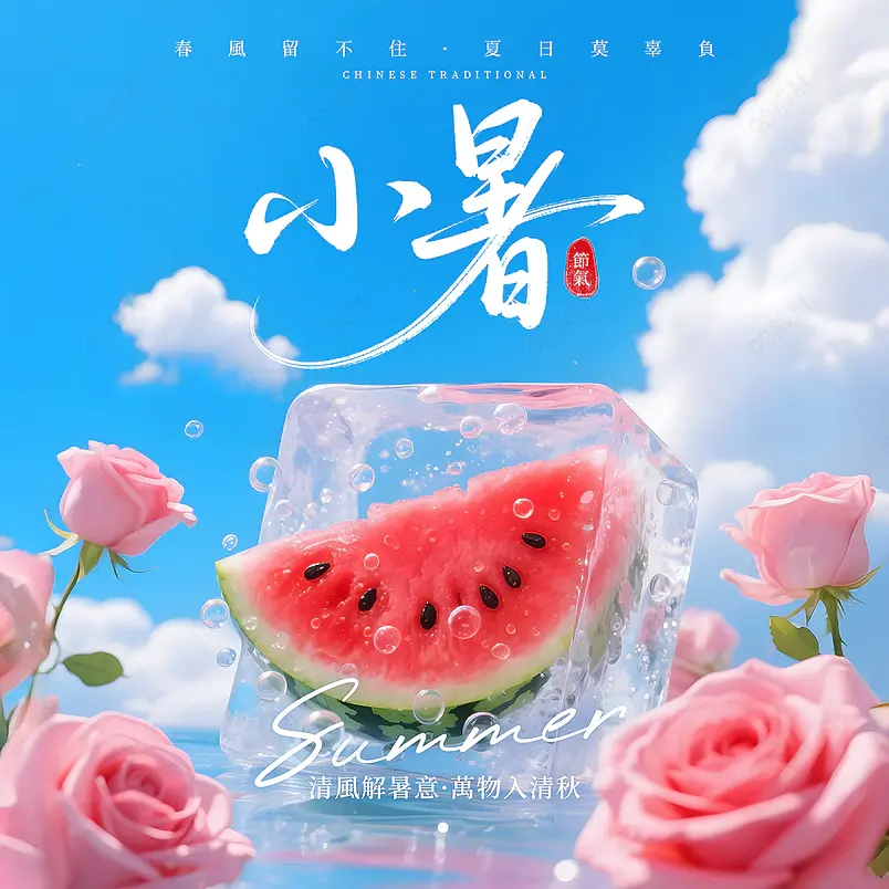 蓝天白云花卉冰块西瓜传统二十四节气小暑社交媒体广告