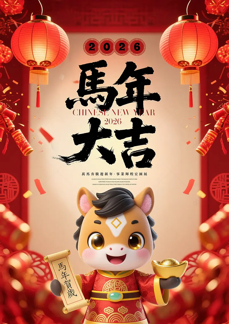 灯笼边框烟花爆竹财神2026农历马年新年春节节日祝福海报