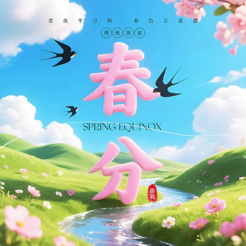 卡通3d小溪燕子传统节气春分社交媒体广告