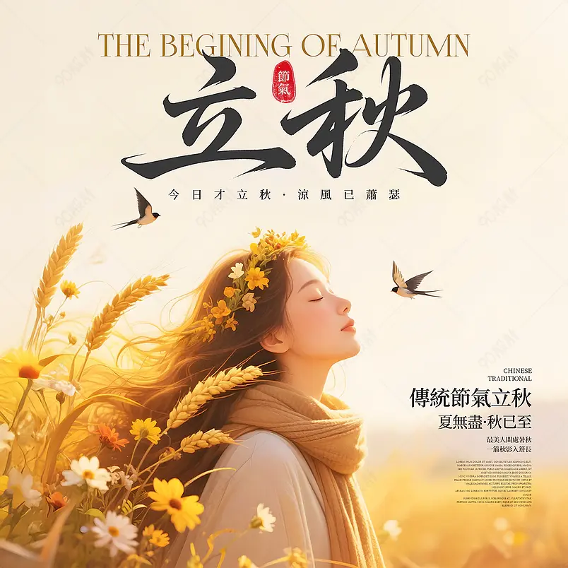 小麦小鸟女孩稻田传统二十四节气立秋社交媒体广告