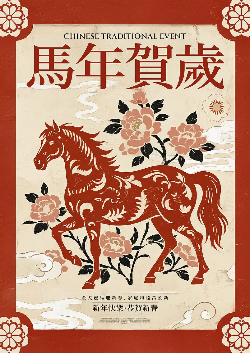 红色窗花花卉骏马边框花纹2026农历马年新年春节节日祝福海报