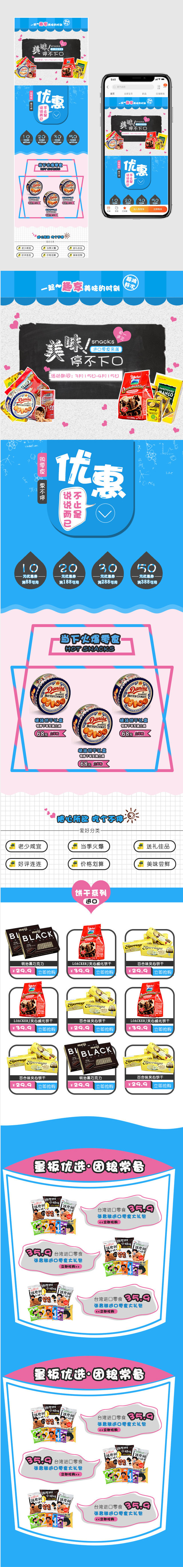 进口零食卡通扁平化风格手机端首页装修PSD模板