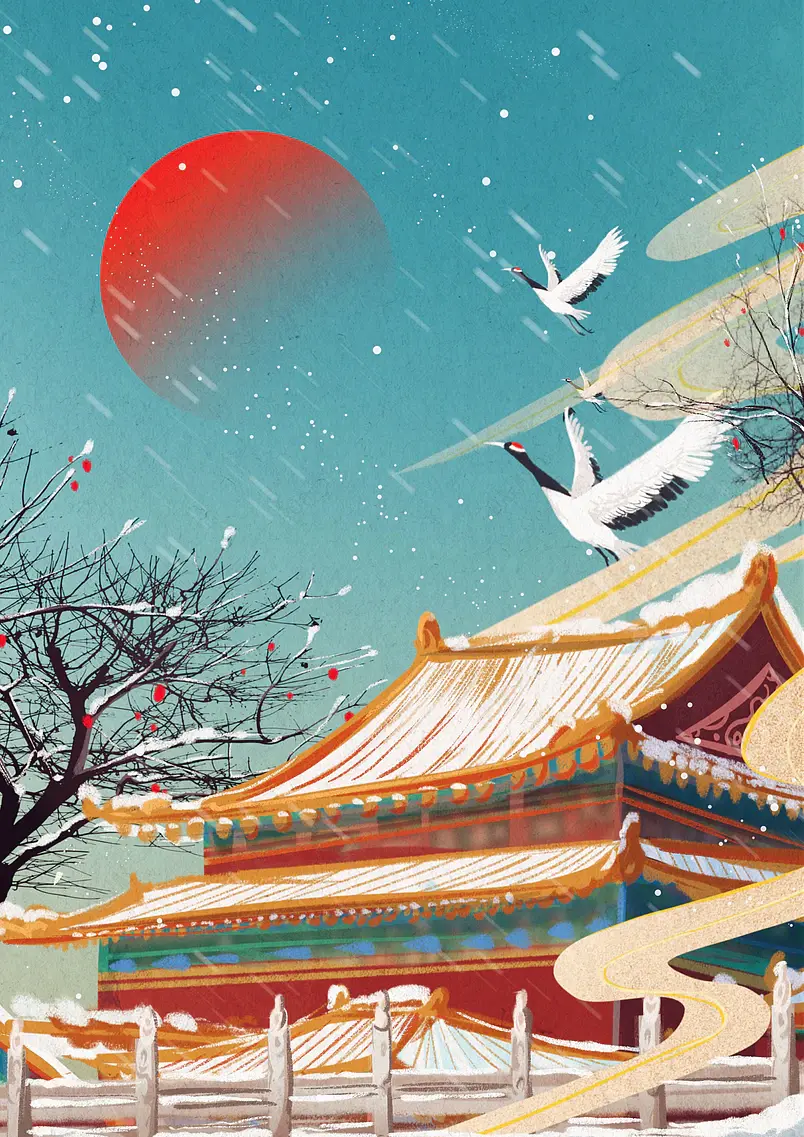 中国风国潮手绘古建筑景点背景设计