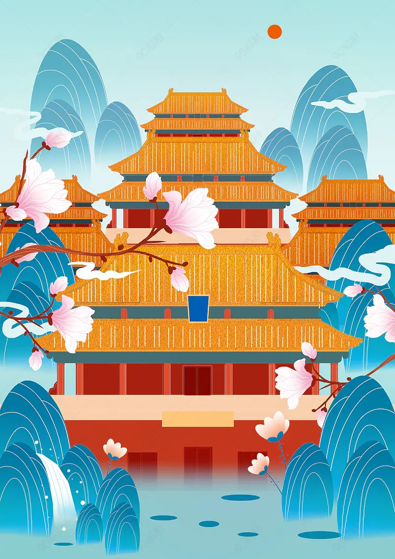 中国风国潮手绘建筑景点背景设计