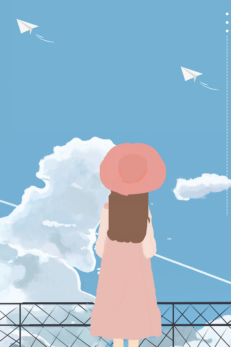 夏日新品清新小女孩蓝色天空背景