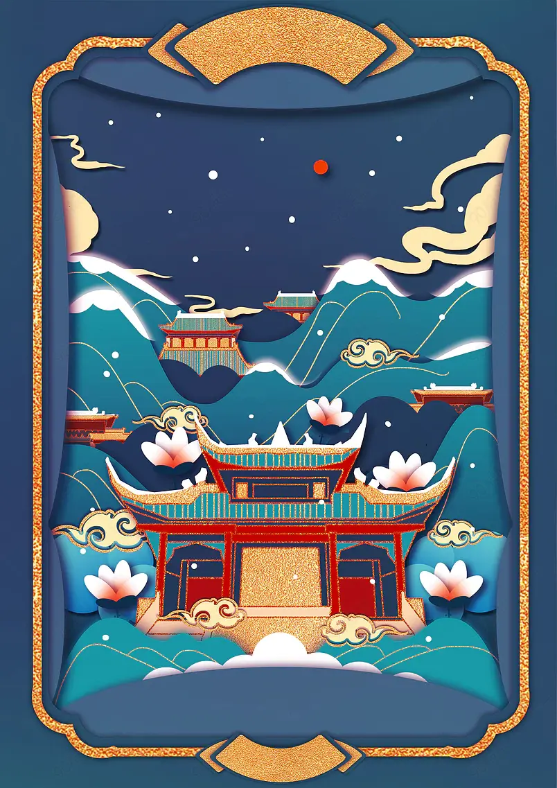 中国风国潮手绘建筑景点背景设计