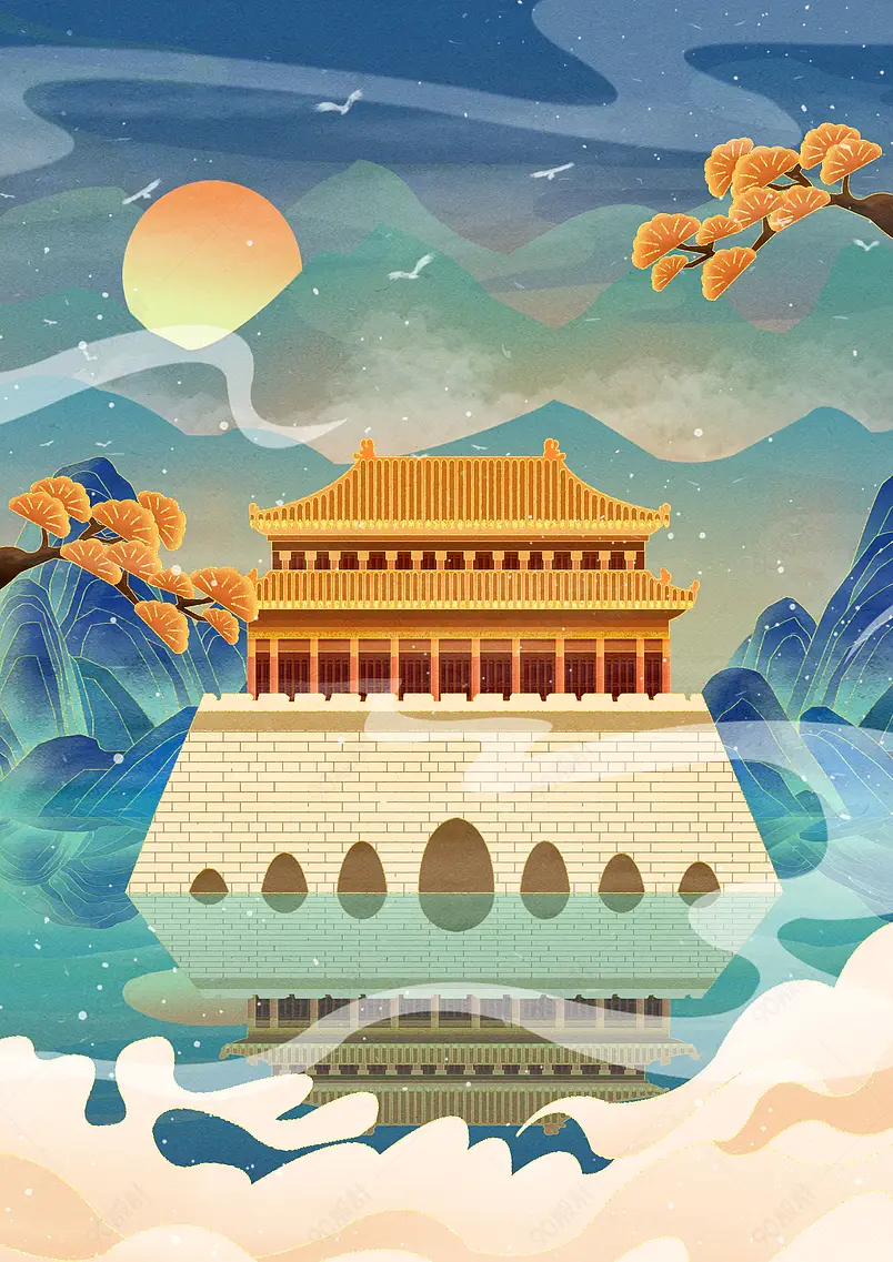 中国风国潮手绘建筑景点背景设计