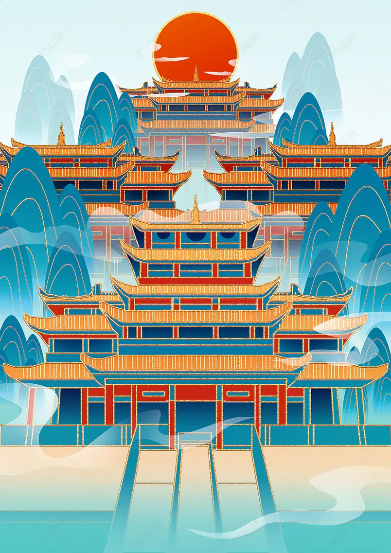 中国风国潮手绘建筑景点背景设计