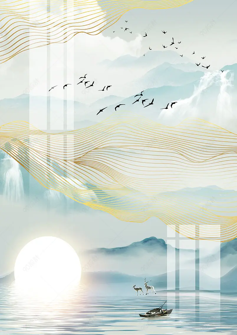 中国风唯美手绘风景山水插画背景设计