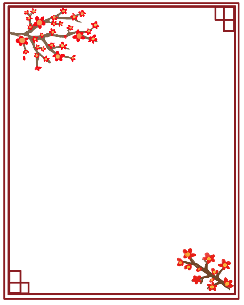 红色的被雪覆盖的梅花和边框