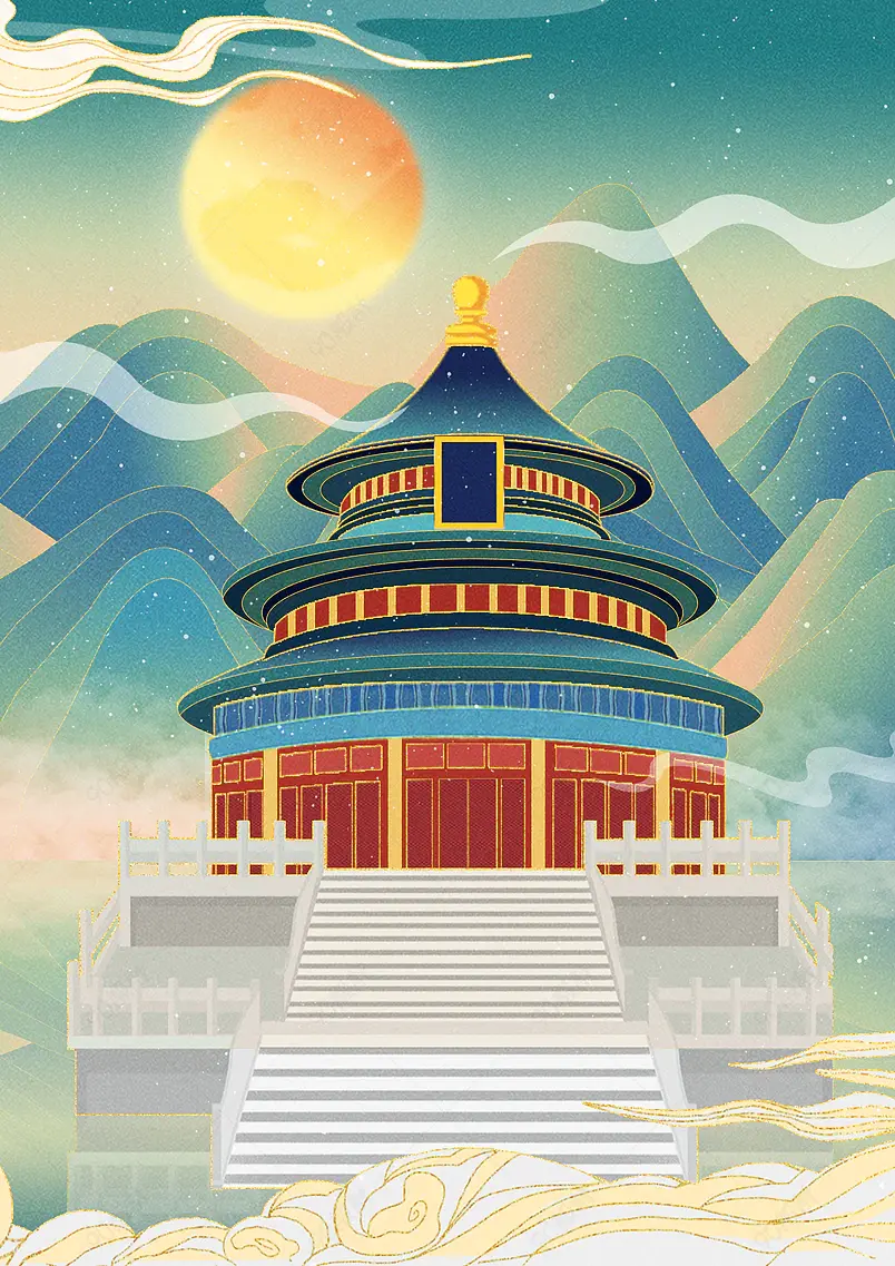 中国风国潮手绘建筑景点背景设计