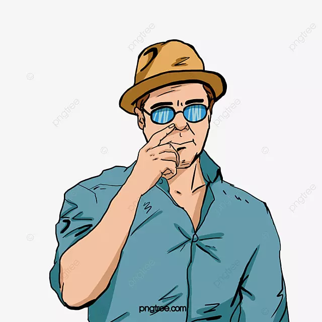 黄色帽子蓝色衬衣摸鼻子戴眼镜波普男性人物