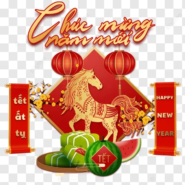 2026越南春节越南传统节日杏花马卡通马杏树杏树枝条云彩条幅灯笼