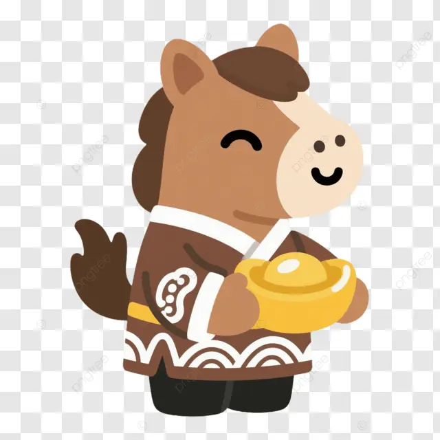 中国新年棕马捧金元宝穿棕衣