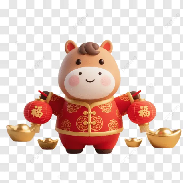 农历新年棕马持福金元宝红衣