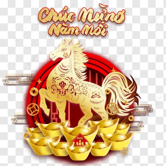 2026年越南春节杏花可爱卡通小马金元宝金马越南文字