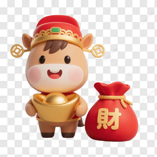 中国新年蓝马举金币穿红衣