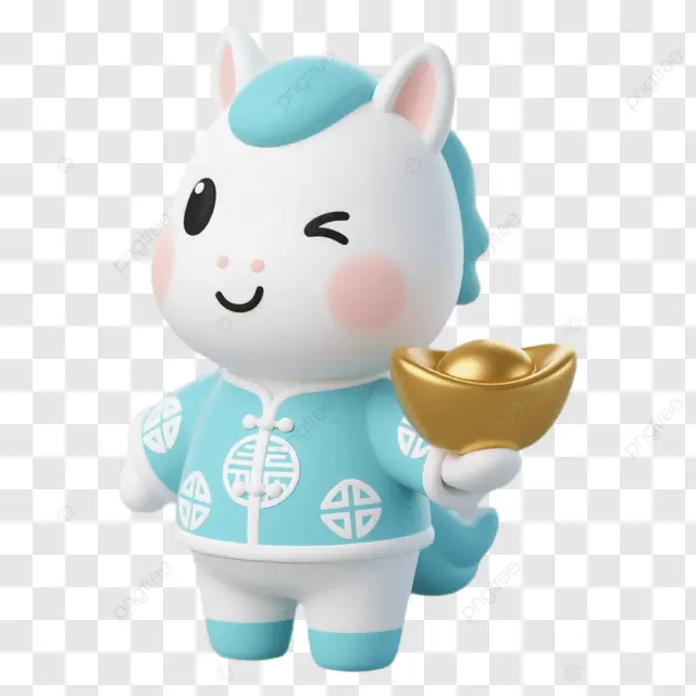 中国新年粉马捧金元宝穿红衣