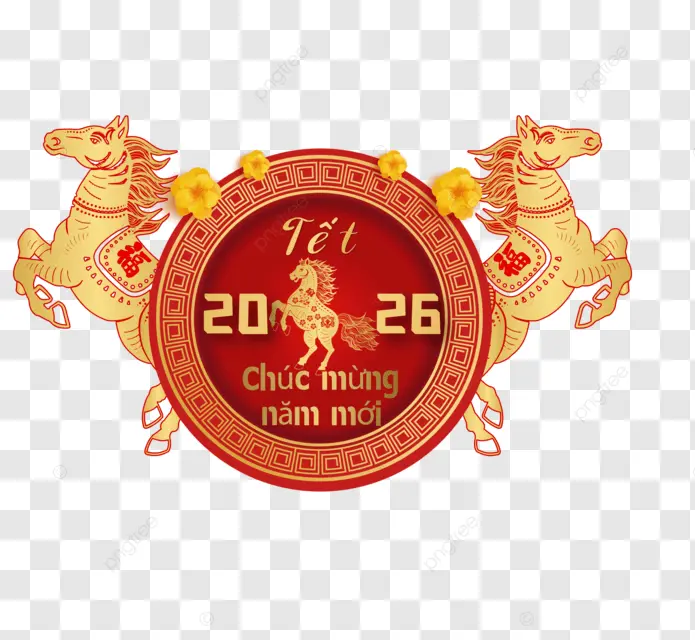越南新年 马年 2026 十二生肖 马 越南传统节日 杏花杏枝 圆形徽章 矢量