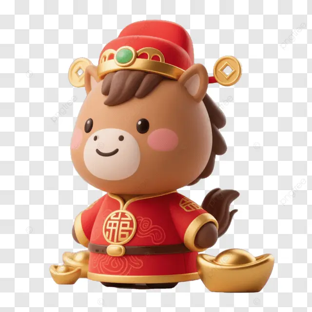 中国新年棕马握金元宝穿红衣